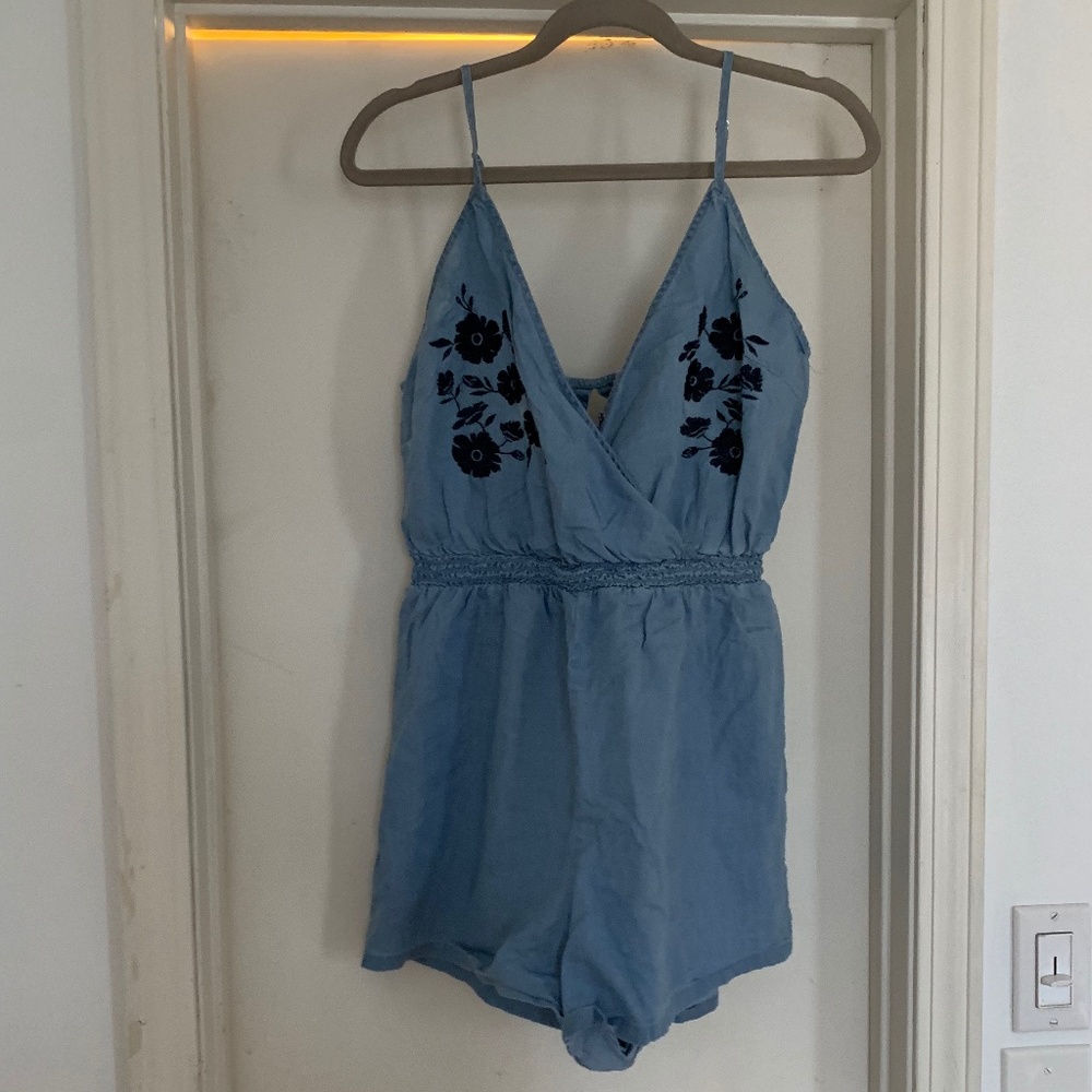 Blue Floral Spaghetti Strap Chambray Romper